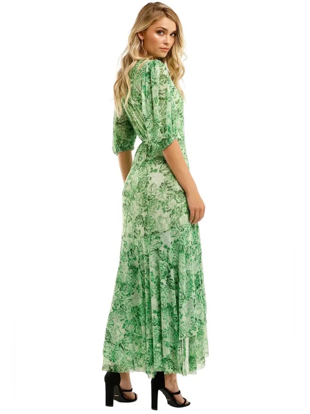 GANNI Printed Mesh Wrap Dress in Island Green floral pattern IT 34 US 2